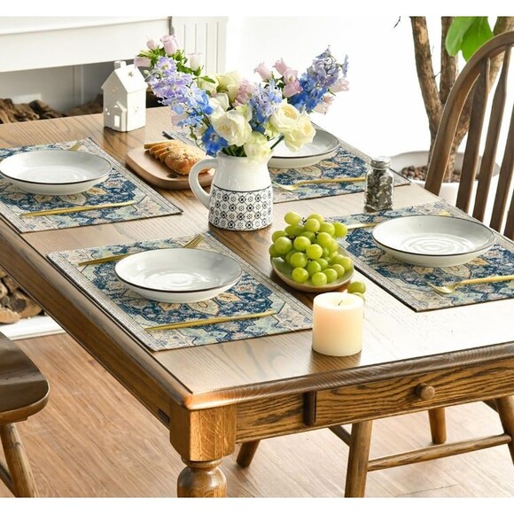 4 Piece Placemat Set 12x18in Woven Polyester Blue Boho - Picture 3 of 3